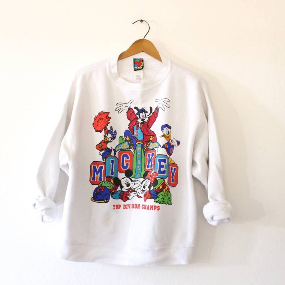 Vintage 90s Disney Mickey Mouse Cheerleading White Sweatshirt Men’s L/XL